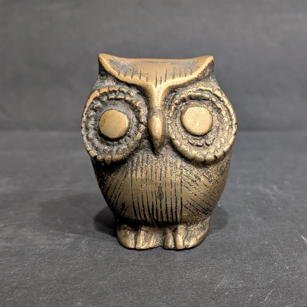 Small Vintage Brass Owl Figurine Paperweight 2.5" Mid Century Modern Decor Retro